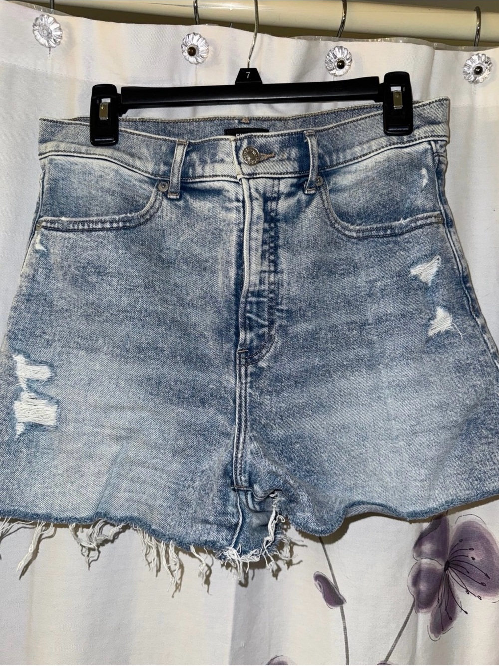 Express, High-Rise Distressed Denim Shorts - Light Blue